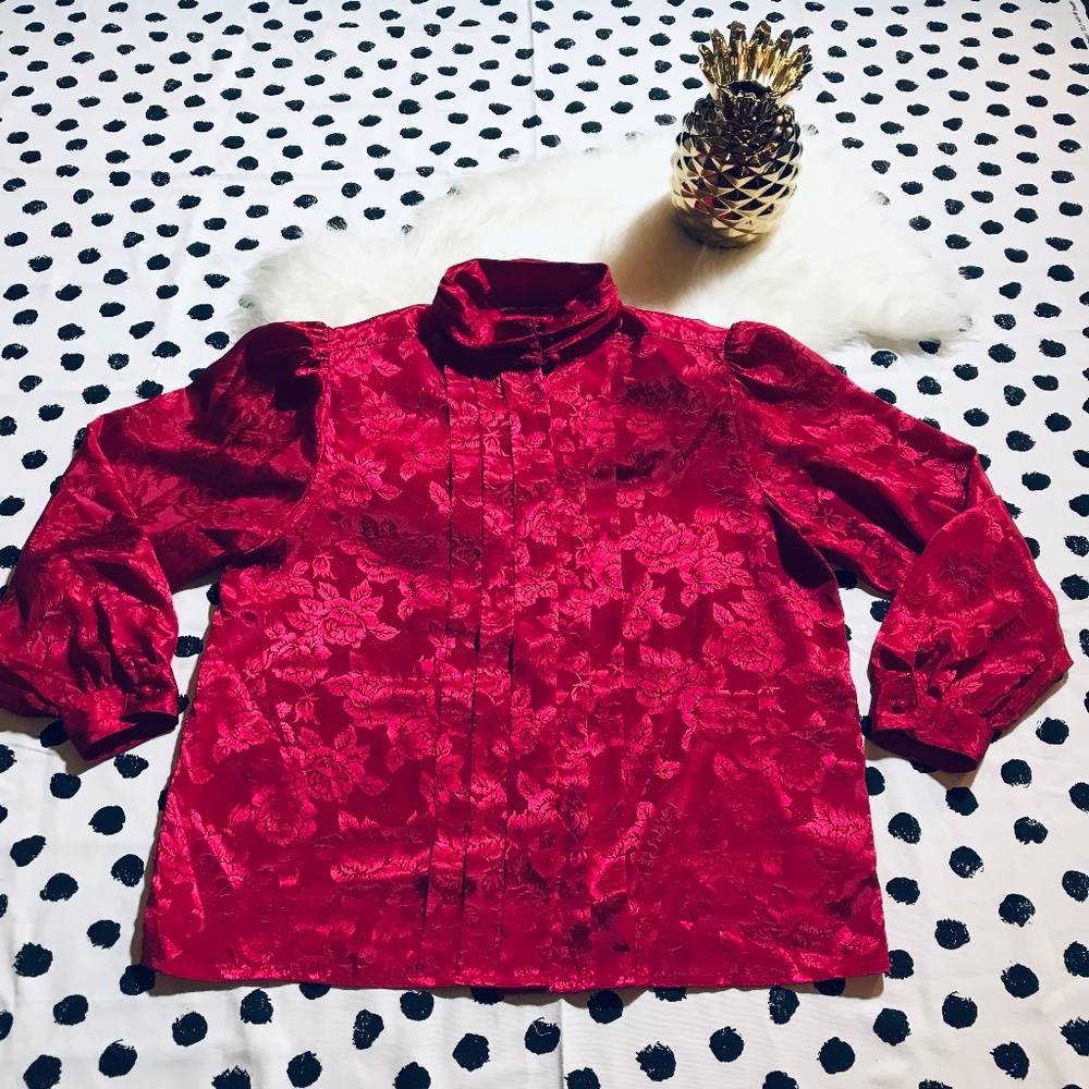 Vintage Secretary Tuxedo Floral Rose Blouse